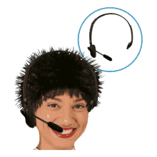 a woman wearing a wig and a headset with a microphone on it