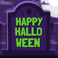 a penguin holding a frisbee in front of a gravestone that says happy hallo ween
