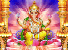 a painting of ganesha sitting on a lotus flower with a crown on his head