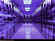 a purple hallway with a t.com sign on the wall