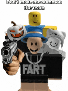 a roblox character holding a gun and a shirt that says fart