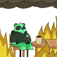 a cartoon of a green panda bear sitting at a table with a cup of coffee