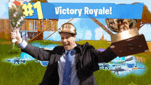 a man in a suit and tie is holding a trophy in front of a banner that says victory royale