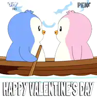 two penguins kissing in a boat with the words happy valentine 's day