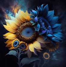 a sunflower with blue petals and yellow petals