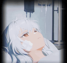a girl with white hair is laying in a hospital bed with an iv in her hand