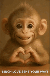 a monkey is smiling and making a heart shape with its hands .