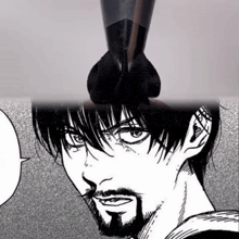 a black and white drawing of a man with a beard and a speech bubble