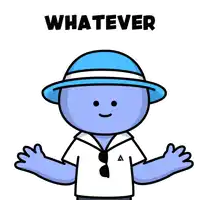 a cartoon character wearing a blue hat with the word whatever written above him