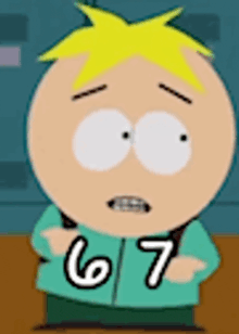 a cartoon character from south park wearing a green jacket with the number 67 on it