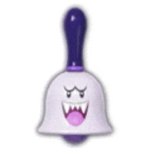 a purple and white bell with a ghost face on it .