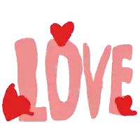 the word love is written in pink with red hearts around it
