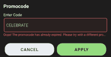 a screenshot of a promocode enter code screen