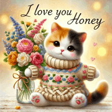 a cat in a sweater is holding a bouquet of flowers and says " i love you honey "