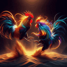 two colorful roosters are standing on their hind legs in the sand