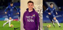 a soccer player wearing a purple together for short lives shirt