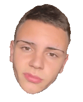 a close up of a young man 's face against a white background