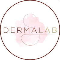 a logo for dermalab has a pink background and gold lettering