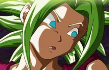 a close up of a girl with green hair and blue eyes from dragon ball super .