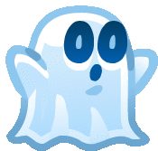 a blue cartoon ghost with a surprised look on his face