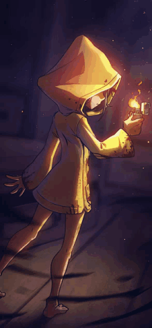 a cartoon of a girl in a yellow hoodie holding a lit match