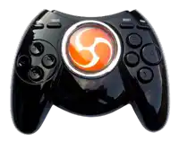 a black video game controller with an orange s on the center