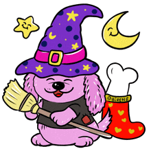 a cartoon of a dog dressed as a witch with a broom