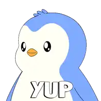 a blue and white penguin with the word yup on its back