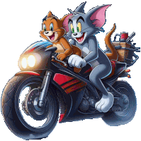 a cartoon of tom and jerry riding a motorcycle on a white background