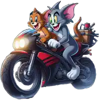 a cartoon of tom and jerry riding a motorcycle on a white background