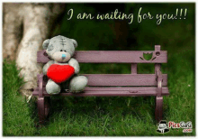 a teddy bear is sitting on a purple bench with a red heart .