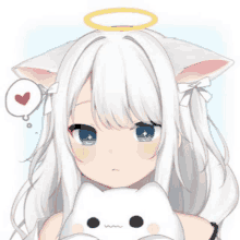 a girl with white hair and blue eyes is holding a cat pillow .