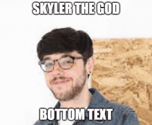 a man with glasses and a beard is wearing a denim jacket and a bottom text meme .