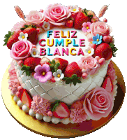 a cake that says feliz cumple blanca is decorated with strawberries and flowers