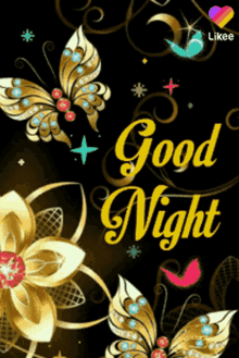 a good night card with gold butterflies and flowers