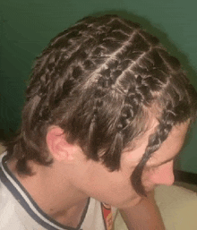 a close up of a person 's head with braids