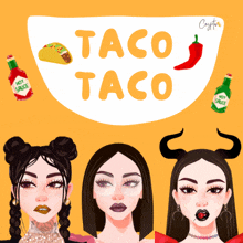 a taco taco poster with three women and a bowl of taco