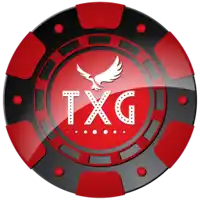 a red and black poker chip with txg on it