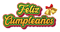 a sign that says feliz cumpleanos with gold bells and a red bow