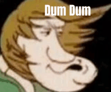 a close up of a cartoon character with the words dum dum on the bottom