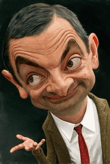 a caricature of mr bean in a suit and red tie