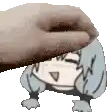 a hand is holding a cartoon character 's head over her head .