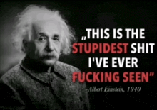 albert einstein says " this is the stupidest shit i 've ever fucking seen " in a black and white photo