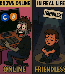 a cartoon of a man sitting at a desk with a computer and a sign that says known online in real life