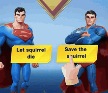 two superheroes are standing next to each other with a hand pointing at a yellow sign that says let squirrel die