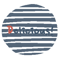 a striped circle with the words " delicious " written in red