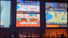 a basketball game is being played on a screen behind a bar