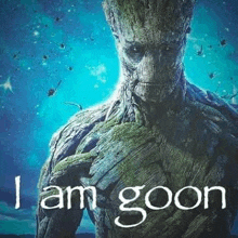 groot from guardians of the galaxy is holding a tree trunk in his hands .