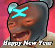 a happy new year card with a cartoon face