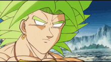 a cartoon drawing of a person with green hair and a waterfall in the background